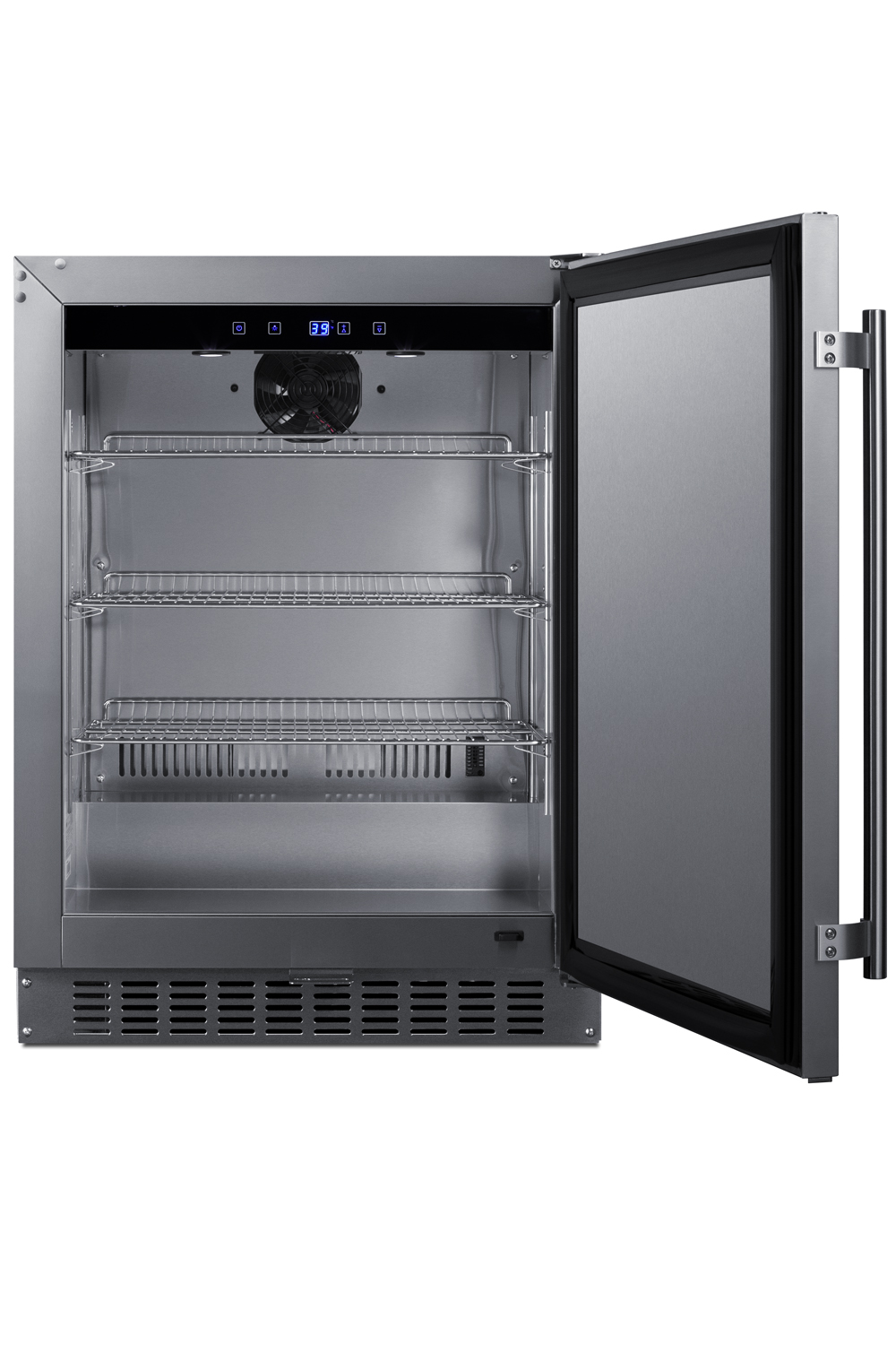Shallow depth built-in undercounter ADA compliant all-refrigerator with stainless steel exterior and interior, lock, and digital controls